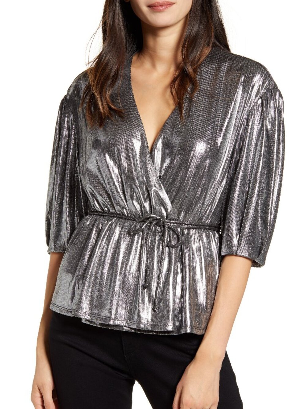 NWT Rebecca Minkoff Mary Wrap Top Metallic Gunmetal Size Small
